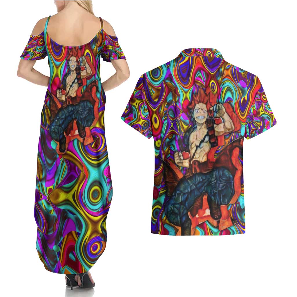 Trippy Kirishima Red Riot My Hero Academia Couples Matching Summer Maxi Dress and Hawaiian Shirt Trippy Mix Anime Style - The Mazicc
