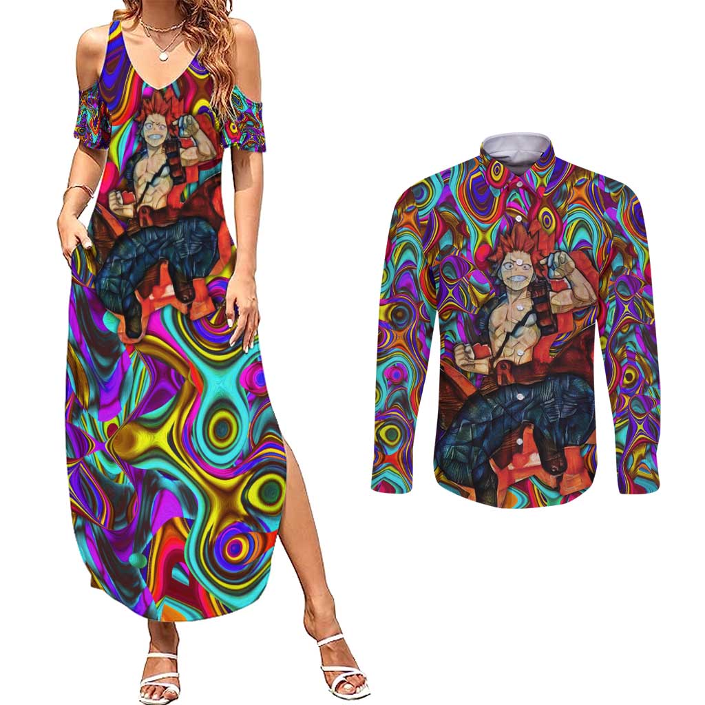 Trippy Kirishima Red Riot My Hero Academia Couples Matching Summer Maxi Dress and Long Sleeve Button Shirt Trippy Mix Anime Style - The Mazicc