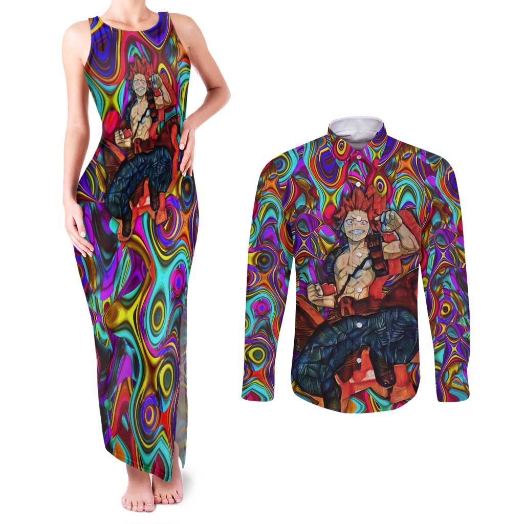 Trippy Kirishima Red Riot My Hero Academia Couples Matching Tank Maxi Dress and Long Sleeve Button Shirt Trippy Mix Anime Style - The Mazicc