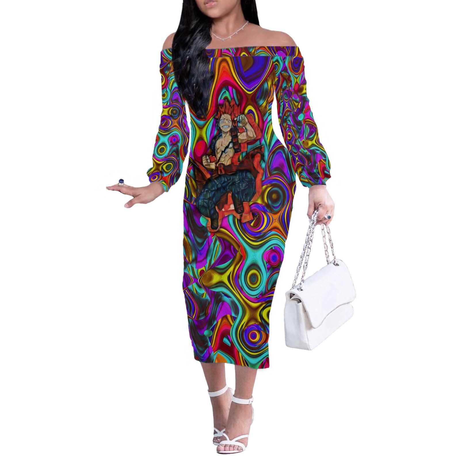 Trippy Kirishima Red Riot My Hero Academia Off The Shoulder Long Sleeve Dress Trippy Mix Anime Style - The Mazicc