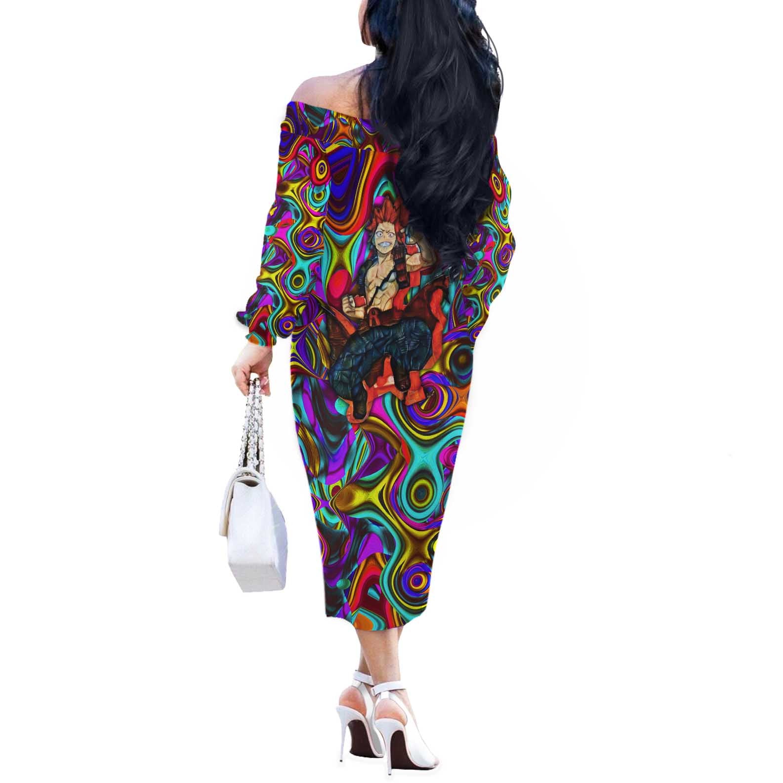 Trippy Kirishima Red Riot My Hero Academia Off The Shoulder Long Sleeve Dress Trippy Mix Anime Style - The Mazicc
