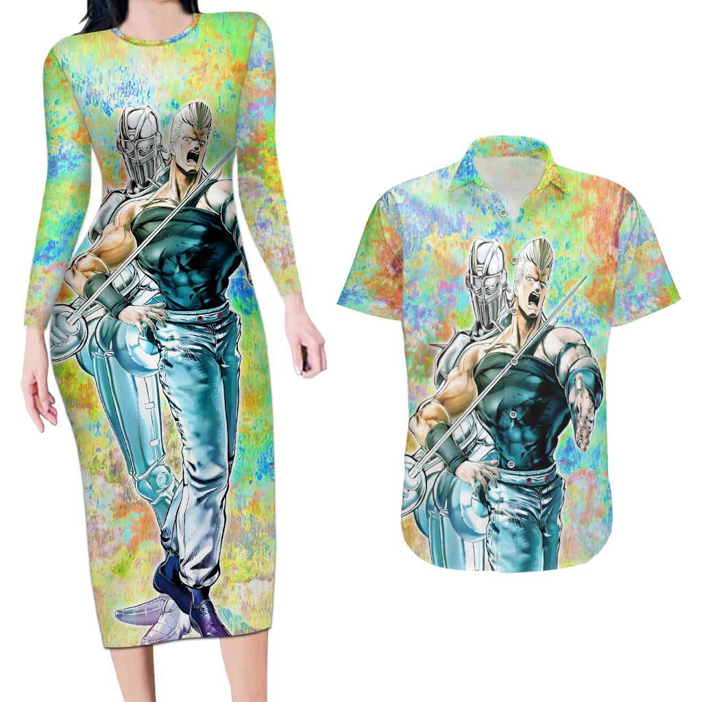 Trippy Polnareff Silver Chariot Jojo’s Bizarre Adventure Couples Matching Long Sleeve Bodycon Dress and Hawaiian Shirt Trippy Mix Anime Style - The Mazicc