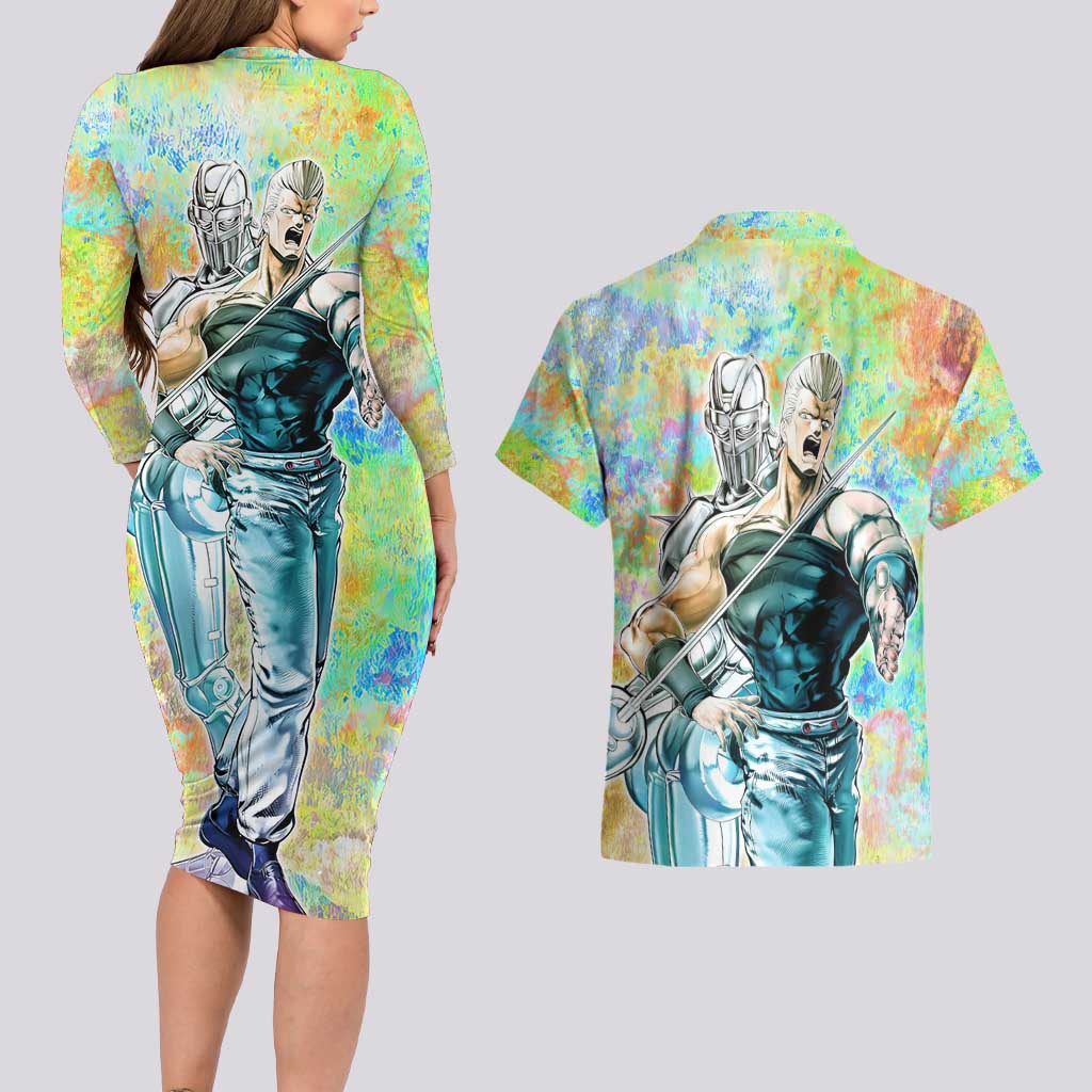Trippy Polnareff Silver Chariot Jojo’s Bizarre Adventure Couples Matching Long Sleeve Bodycon Dress and Hawaiian Shirt Trippy Mix Anime Style - The Mazicc