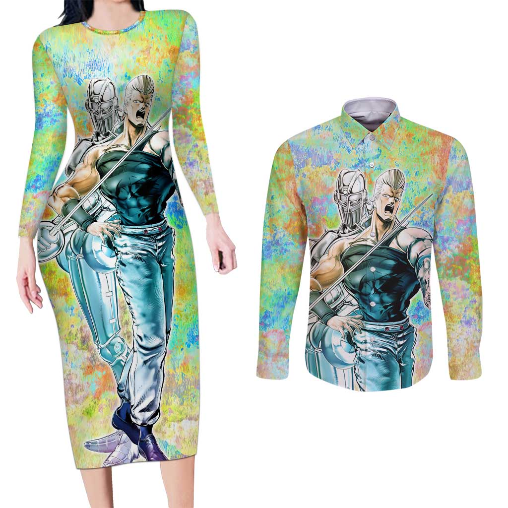 Trippy Polnareff Silver Chariot Jojo’s Bizarre Adventure Couples Matching Long Sleeve Bodycon Dress and Long Sleeve Button Shirt Trippy Mix Anime Style - The Mazicc