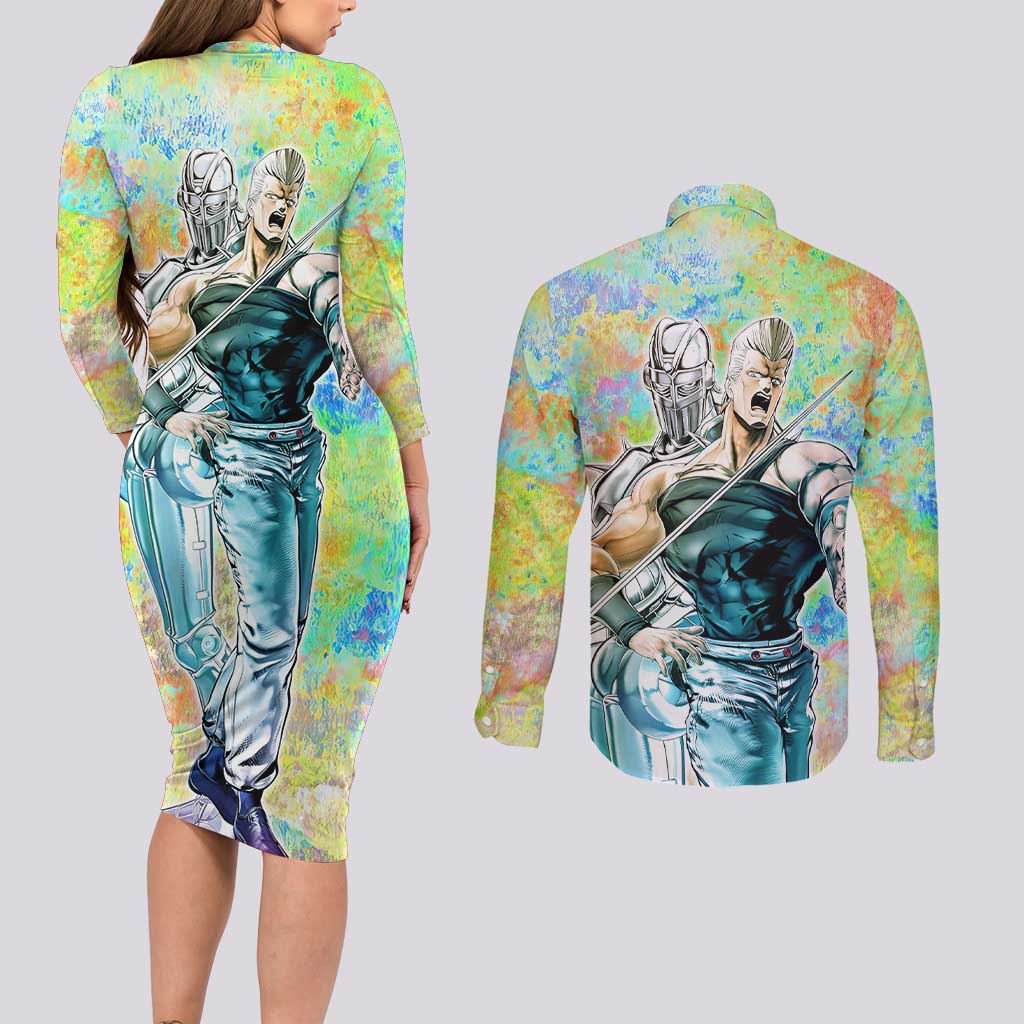 Trippy Polnareff Silver Chariot Jojo’s Bizarre Adventure Couples Matching Long Sleeve Bodycon Dress and Long Sleeve Button Shirt Trippy Mix Anime Style - The Mazicc
