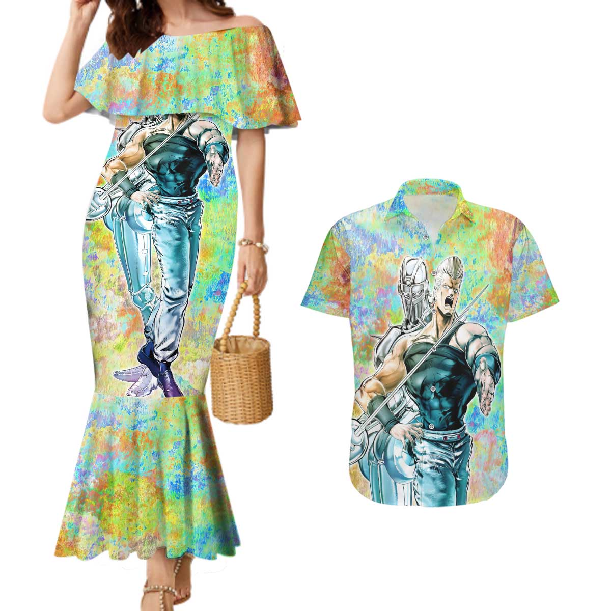 Trippy Polnareff Silver Chariot Jojo’s Bizarre Adventure Couples Matching Mermaid Dress and Hawaiian Shirt Trippy Mix Anime Style - The Mazicc