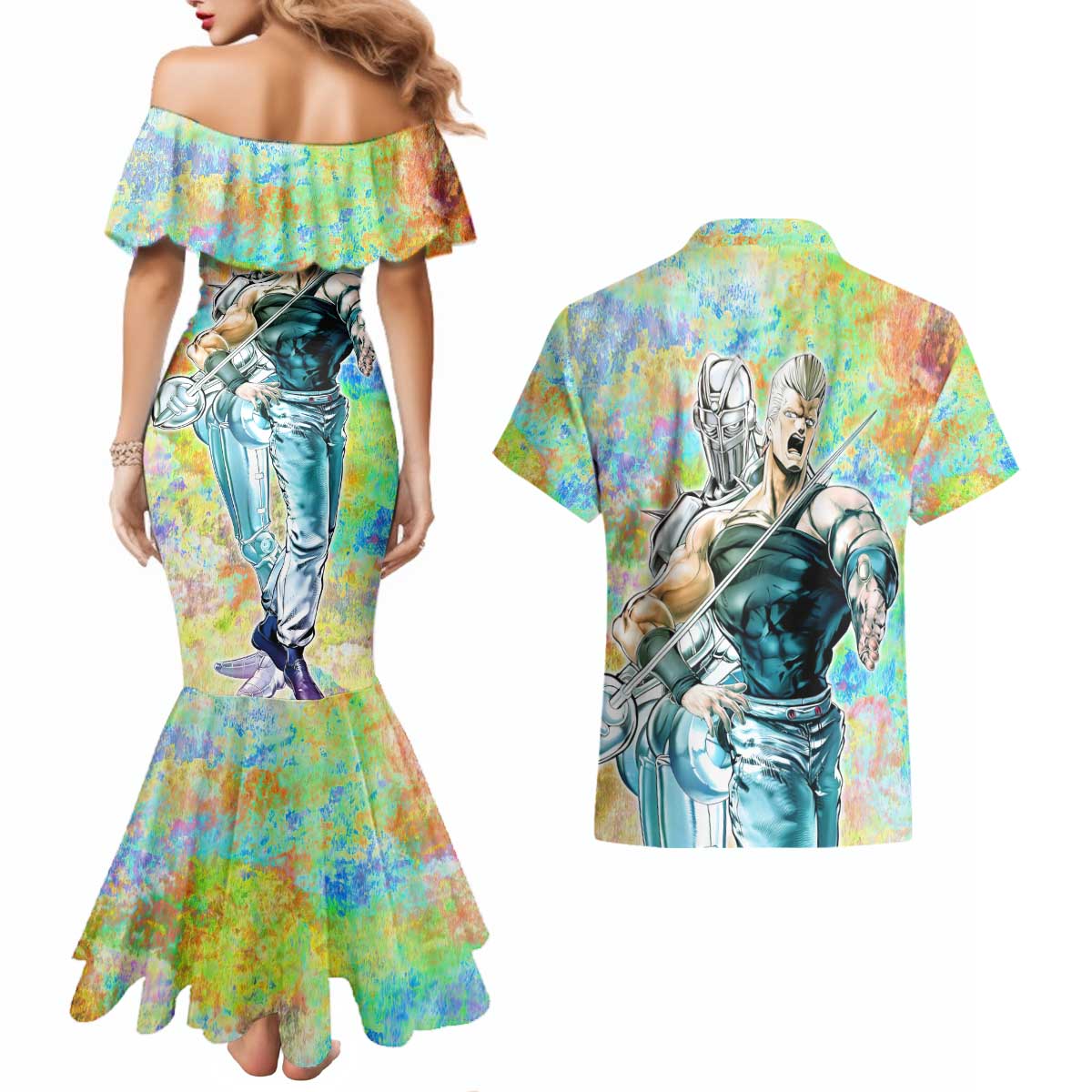 Trippy Polnareff Silver Chariot Jojo’s Bizarre Adventure Couples Matching Mermaid Dress and Hawaiian Shirt Trippy Mix Anime Style - The Mazicc
