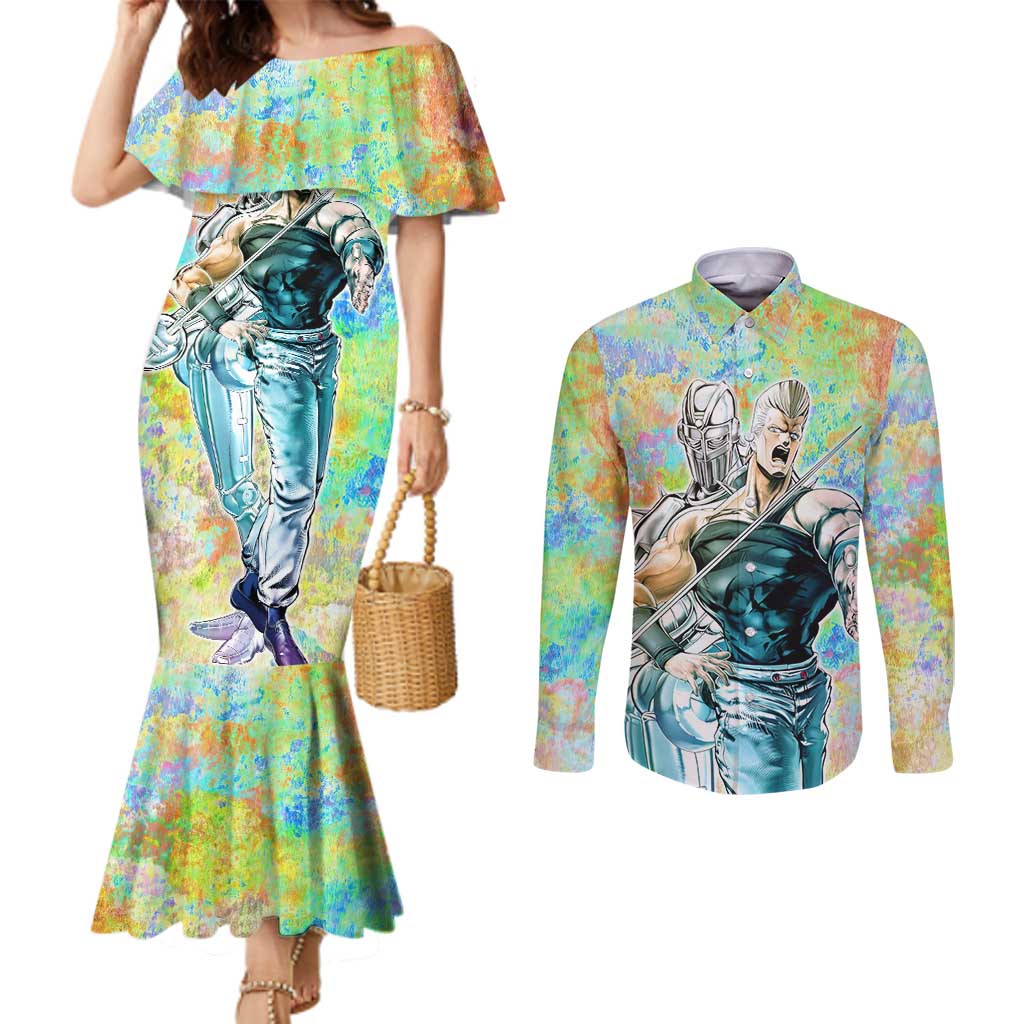 Trippy Polnareff Silver Chariot Jojo’s Bizarre Adventure Couples Matching Mermaid Dress and Long Sleeve Button Shirt Trippy Mix Anime Style - The Mazicc