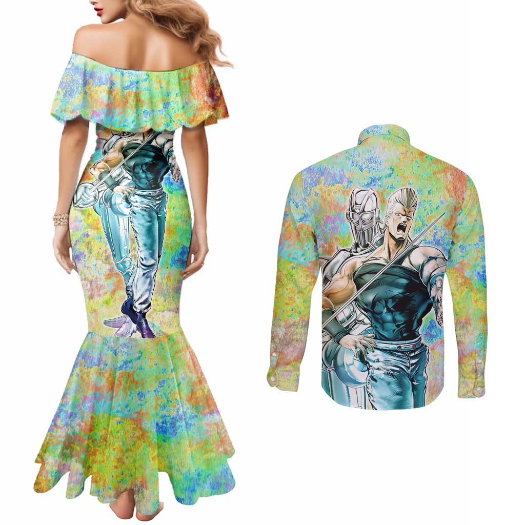 Trippy Polnareff Silver Chariot Jojo’s Bizarre Adventure Couples Matching Mermaid Dress and Long Sleeve Button Shirt Trippy Mix Anime Style - The Mazicc