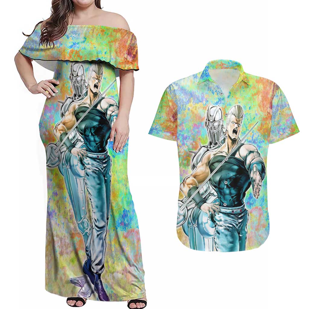 Trippy Polnareff Silver Chariot Jojo’s Bizarre Adventure Couples Matching Off Shoulder Maxi Dress and Hawaiian Shirt Trippy Mix Anime Style - The Mazicc