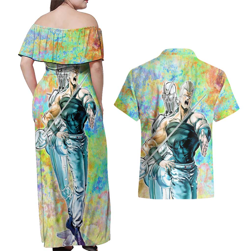 Trippy Polnareff Silver Chariot Jojo’s Bizarre Adventure Couples Matching Off Shoulder Maxi Dress and Hawaiian Shirt Trippy Mix Anime Style - The Mazicc