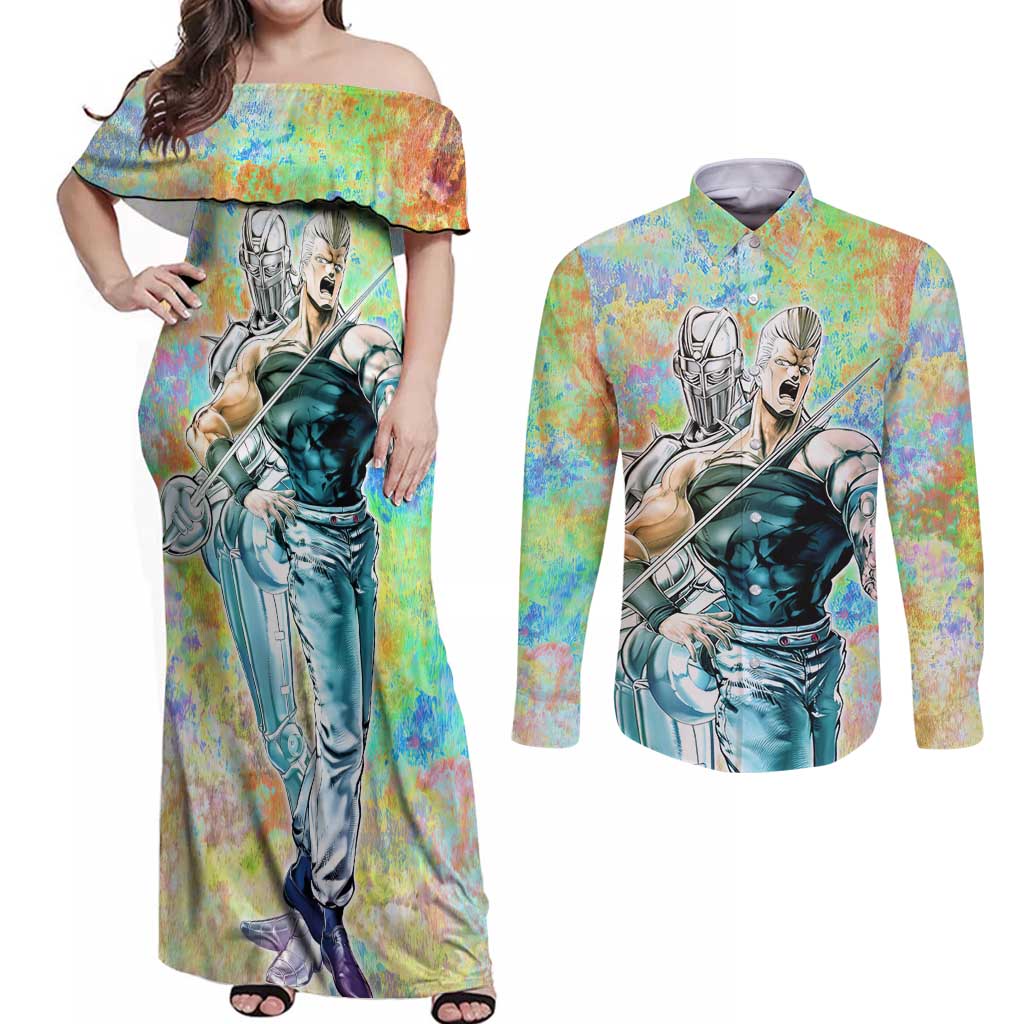 Trippy Polnareff Silver Chariot Jojo’s Bizarre Adventure Couples Matching Off Shoulder Maxi Dress and Long Sleeve Button Shirt Trippy Mix Anime Style - The Mazicc