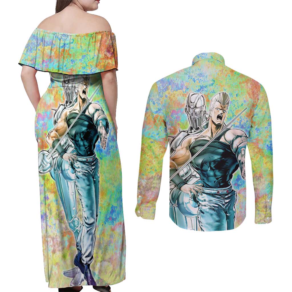 Trippy Polnareff Silver Chariot Jojo’s Bizarre Adventure Couples Matching Off Shoulder Maxi Dress and Long Sleeve Button Shirt Trippy Mix Anime Style - The Mazicc