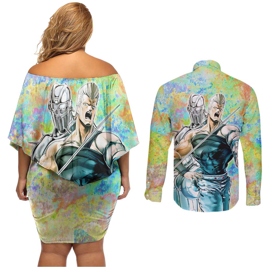 Trippy Polnareff Silver Chariot Jojo’s Bizarre Adventure Couples Matching Off Shoulder Short Dress and Long Sleeve Button Shirt Trippy Mix Anime Style - The Mazicc
