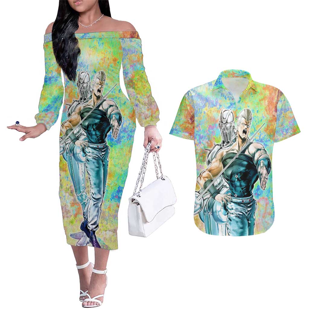 Trippy Polnareff Silver Chariot Jojo’s Bizarre Adventure Couples Matching Off The Shoulder Long Sleeve Dress and Hawaiian Shirt Trippy Mix Anime Style - The Mazicc