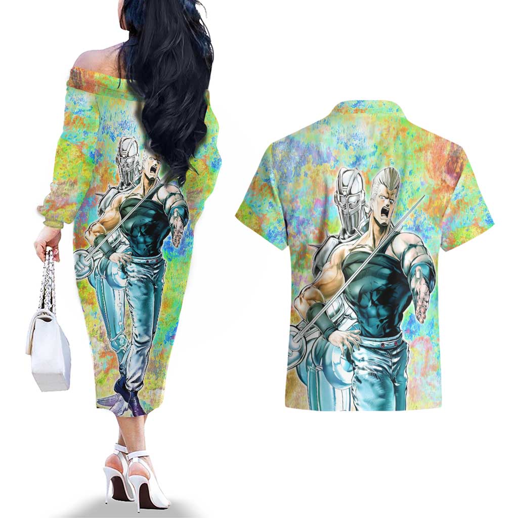 Trippy Polnareff Silver Chariot Jojo’s Bizarre Adventure Couples Matching Off The Shoulder Long Sleeve Dress and Hawaiian Shirt Trippy Mix Anime Style - The Mazicc