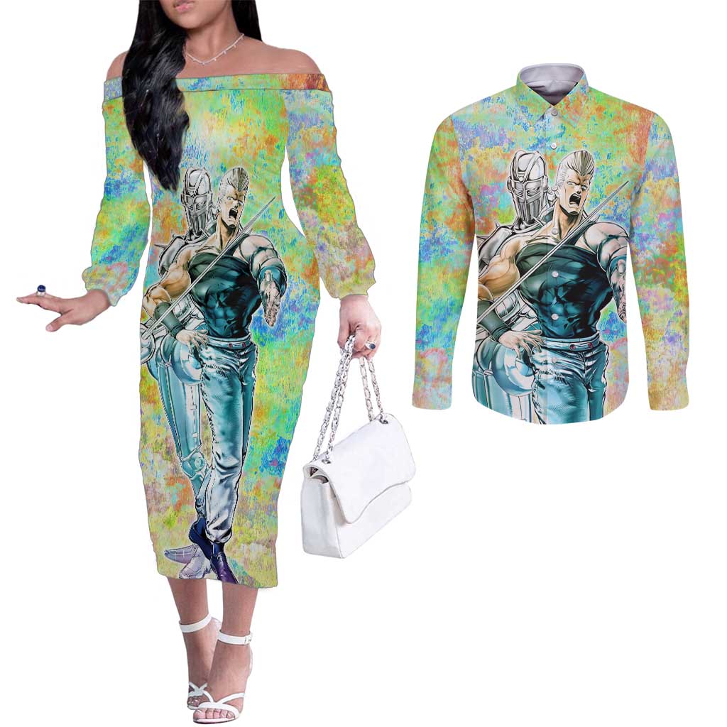Trippy Polnareff Silver Chariot Jojo’s Bizarre Adventure Couples Matching Off The Shoulder Long Sleeve Dress and Long Sleeve Button Shirt Trippy Mix Anime Style - The Mazicc