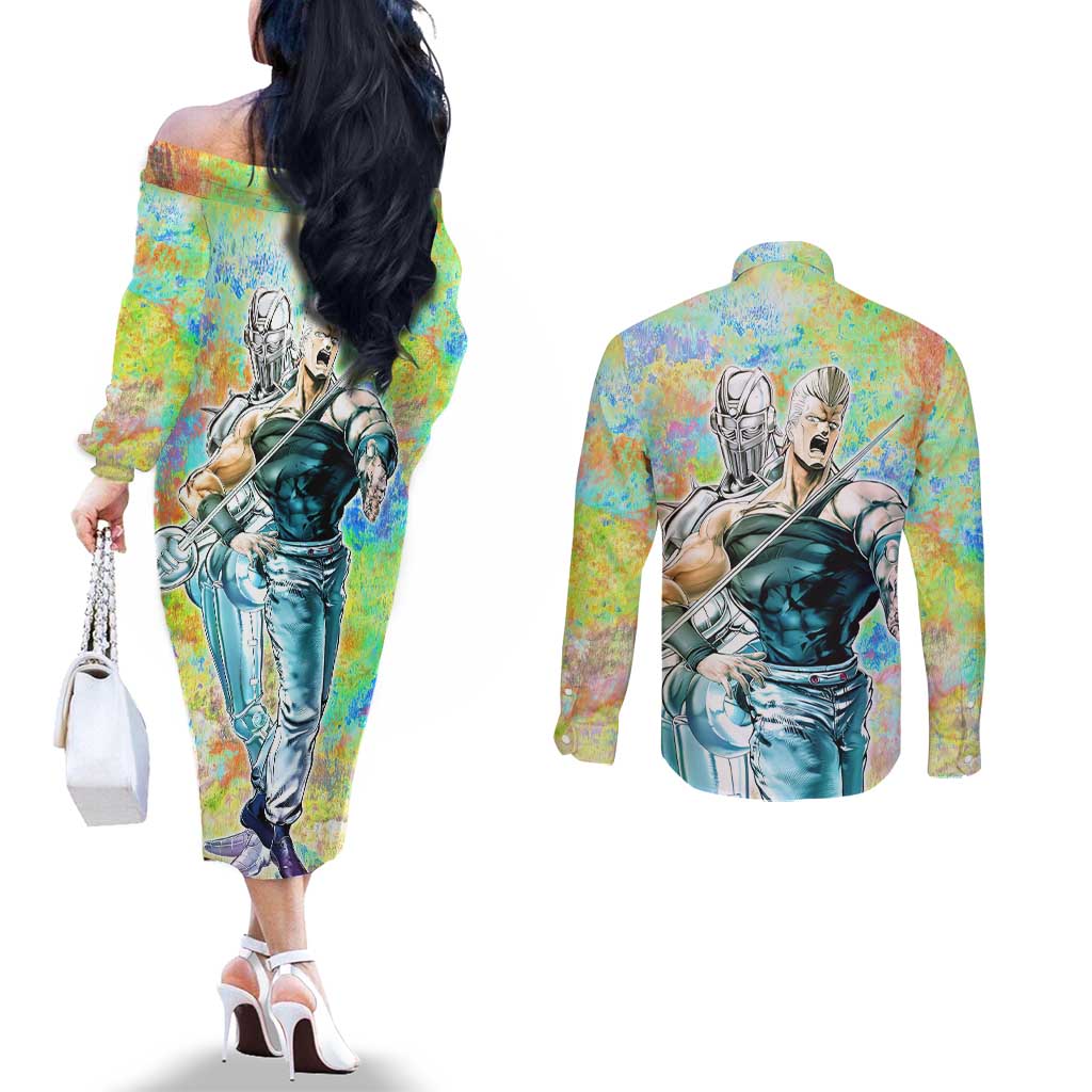 Trippy Polnareff Silver Chariot Jojo’s Bizarre Adventure Couples Matching Off The Shoulder Long Sleeve Dress and Long Sleeve Button Shirt Trippy Mix Anime Style - The Mazicc