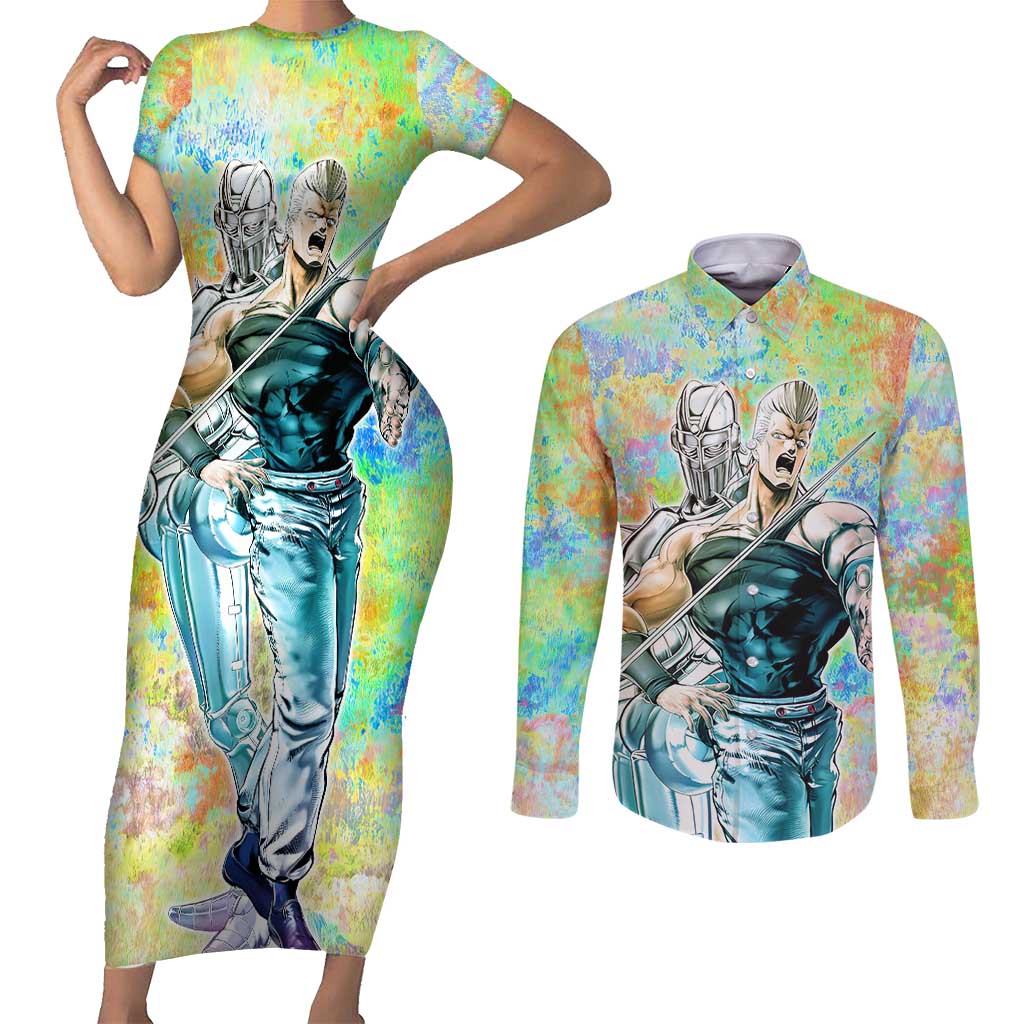 Trippy Polnareff Silver Chariot Jojo’s Bizarre Adventure Couples Matching Short Sleeve Bodycon Dress and Long Sleeve Button Shirt Trippy Mix Anime Style - The Mazicc