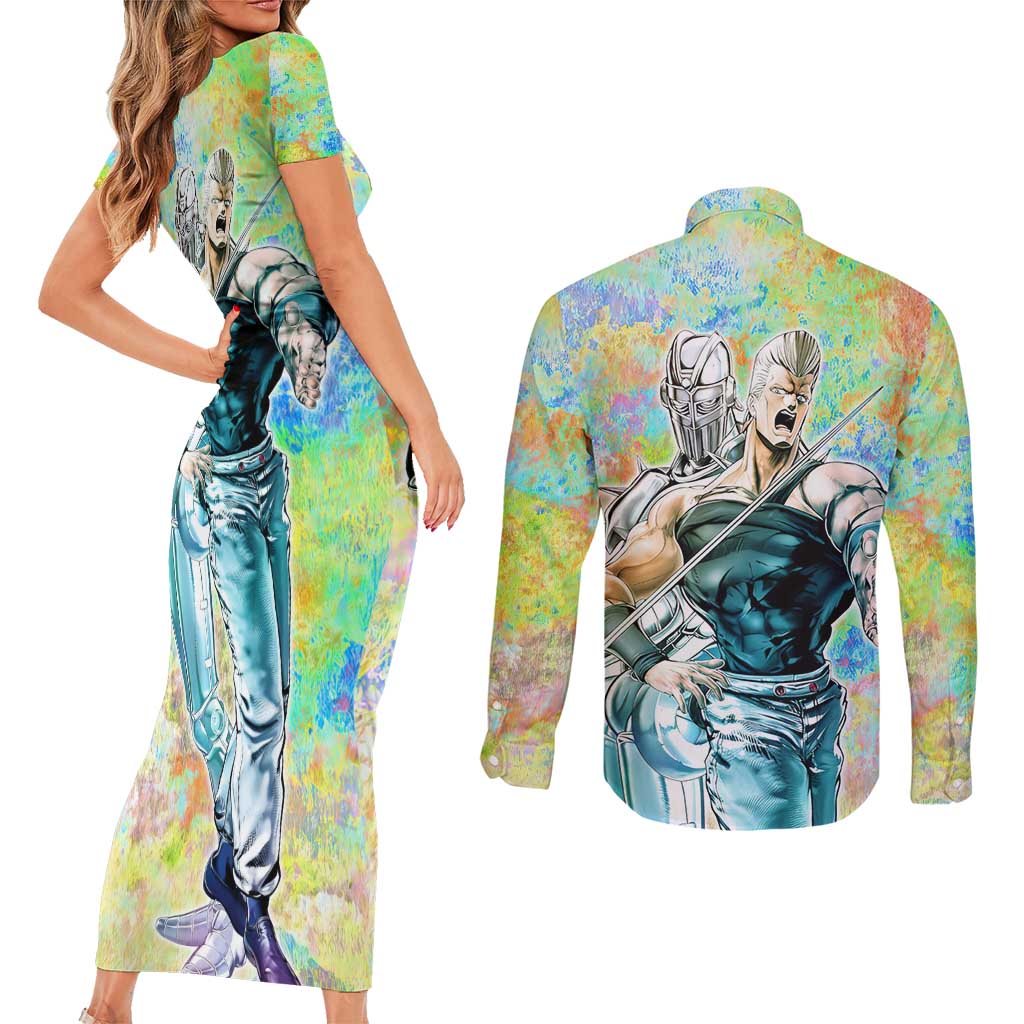 Trippy Polnareff Silver Chariot Jojo’s Bizarre Adventure Couples Matching Short Sleeve Bodycon Dress and Long Sleeve Button Shirt Trippy Mix Anime Style - The Mazicc