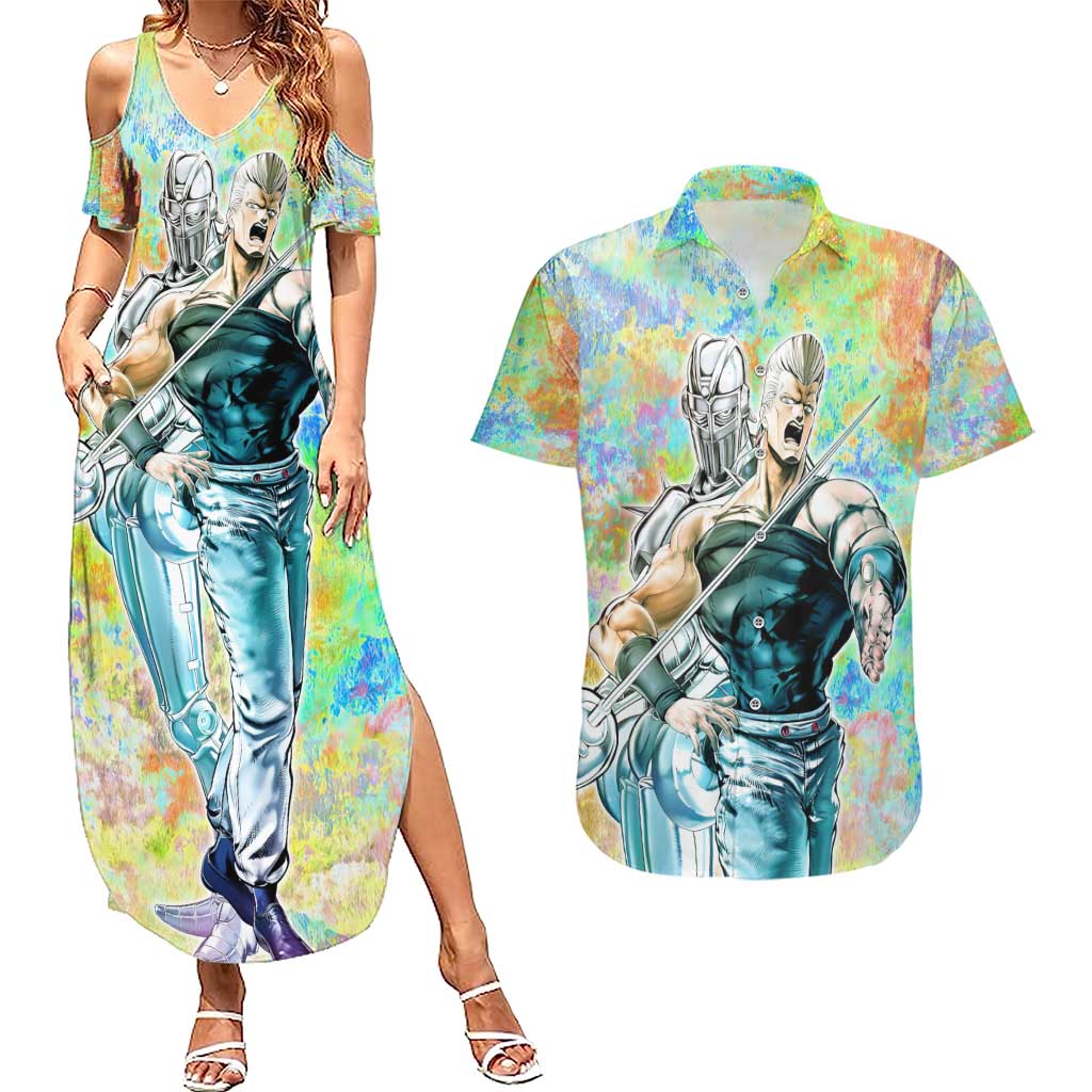 Trippy Polnareff Silver Chariot Jojo’s Bizarre Adventure Couples Matching Summer Maxi Dress and Hawaiian Shirt Trippy Mix Anime Style - The Mazicc