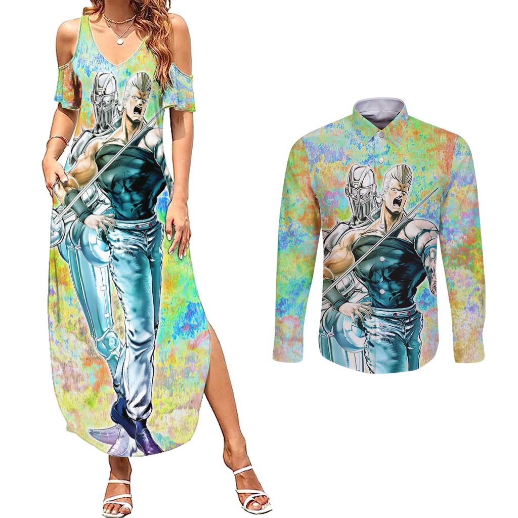 Trippy Polnareff Silver Chariot Jojo’s Bizarre Adventure Couples Matching Summer Maxi Dress and Long Sleeve Button Shirt Trippy Mix Anime Style - The Mazicc