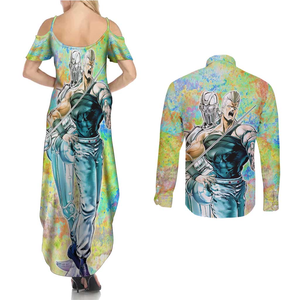 Trippy Polnareff Silver Chariot Jojo’s Bizarre Adventure Couples Matching Summer Maxi Dress and Long Sleeve Button Shirt Trippy Mix Anime Style - The Mazicc