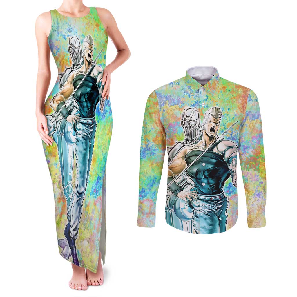 Trippy Polnareff Silver Chariot Jojo’s Bizarre Adventure Couples Matching Tank Maxi Dress and Long Sleeve Button Shirt Trippy Mix Anime Style - The Mazicc