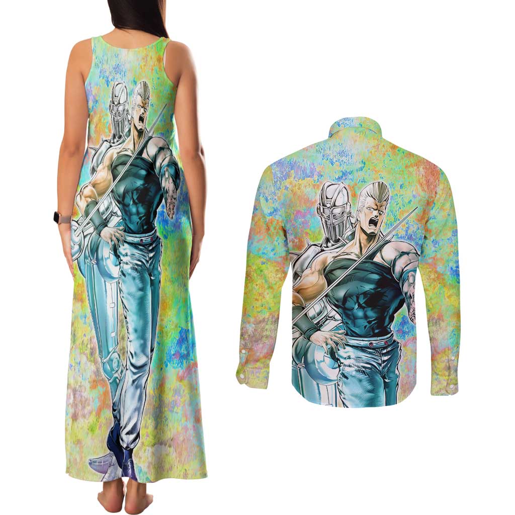 Trippy Polnareff Silver Chariot Jojo’s Bizarre Adventure Couples Matching Tank Maxi Dress and Long Sleeve Button Shirt Trippy Mix Anime Style - The Mazicc