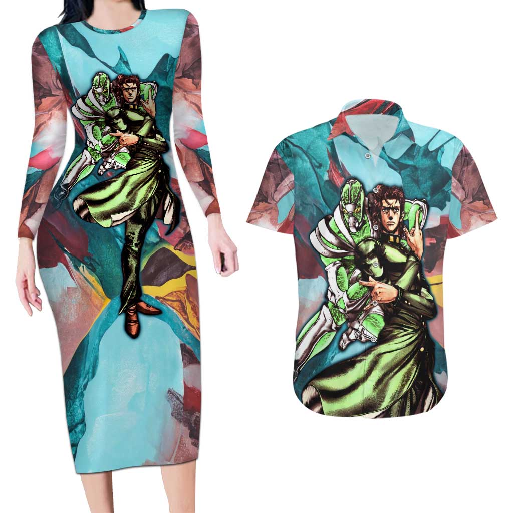 Trippy Kakyoin Hierophant Green Jojo’s Bizarre Adventure Couples Matching Long Sleeve Bodycon Dress and Hawaiian Shirt Trippy Mix Anime Style - The Mazicc