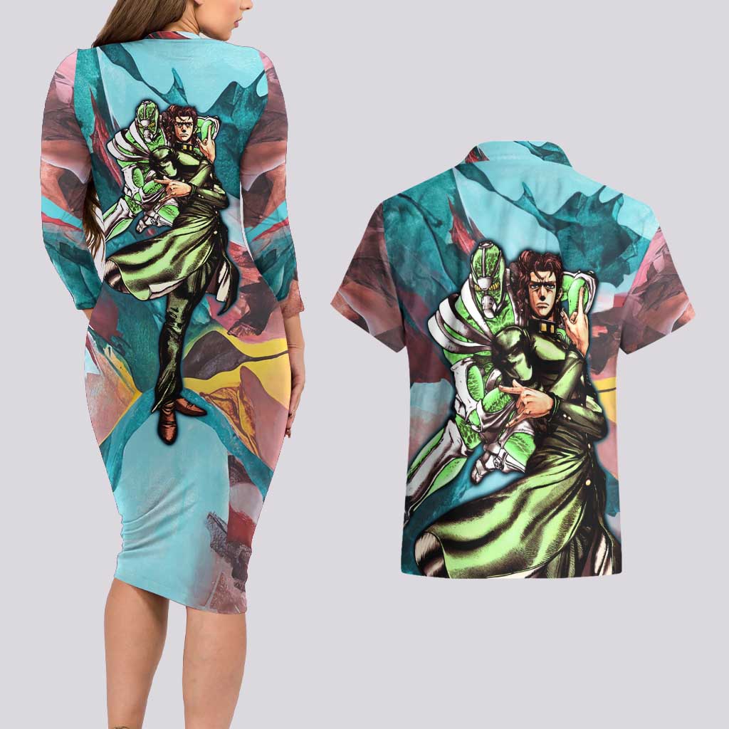 Trippy Kakyoin Hierophant Green Jojo’s Bizarre Adventure Couples Matching Long Sleeve Bodycon Dress and Hawaiian Shirt Trippy Mix Anime Style - The Mazicc