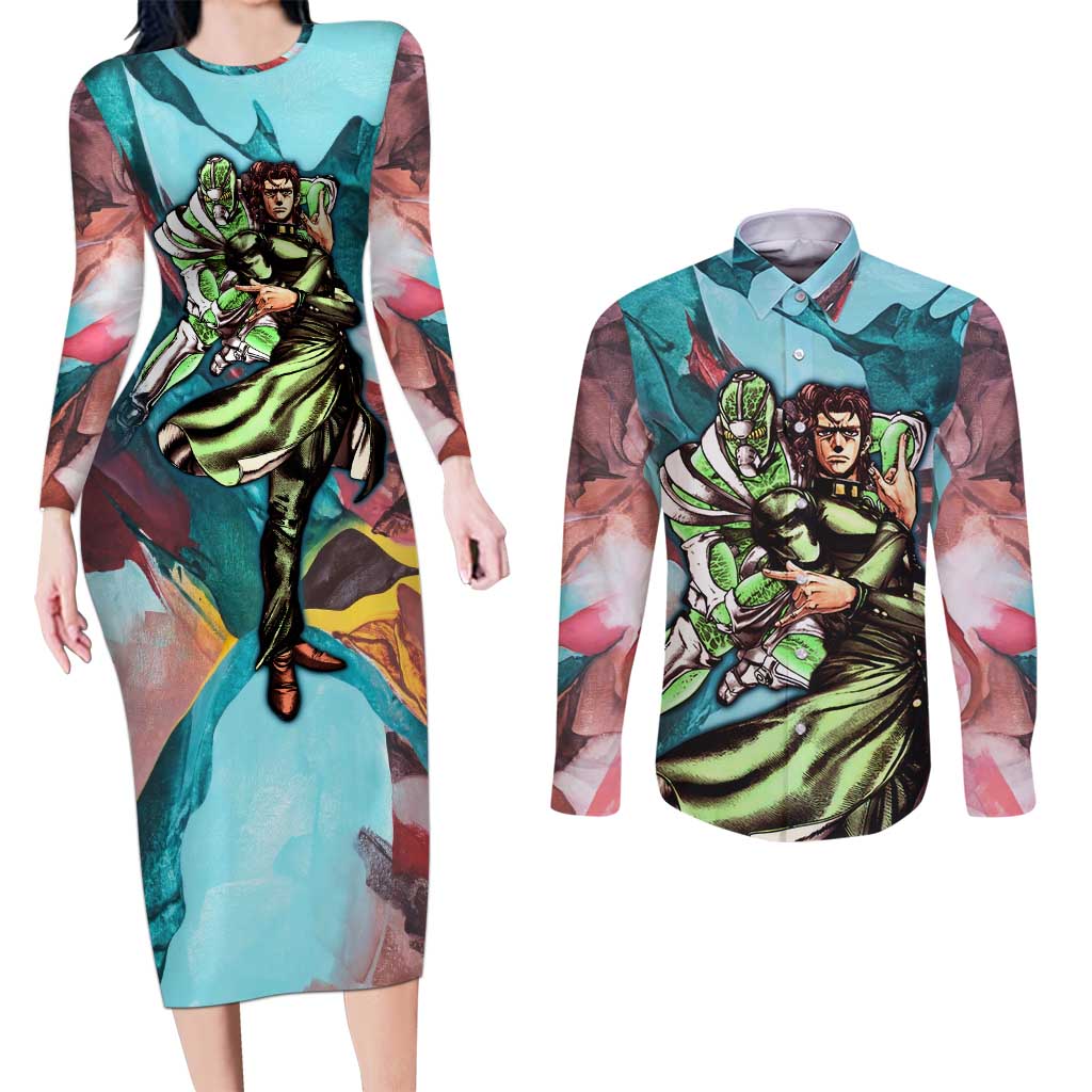 Trippy Kakyoin Hierophant Green Jojo’s Bizarre Adventure Couples Matching Long Sleeve Bodycon Dress and Long Sleeve Button Shirt Trippy Mix Anime Style - The Mazicc