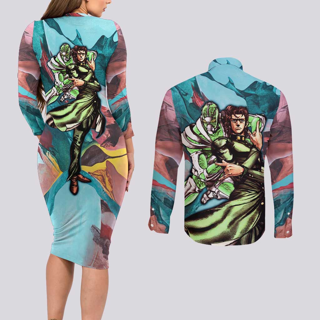 Trippy Kakyoin Hierophant Green Jojo’s Bizarre Adventure Couples Matching Long Sleeve Bodycon Dress and Long Sleeve Button Shirt Trippy Mix Anime Style - The Mazicc