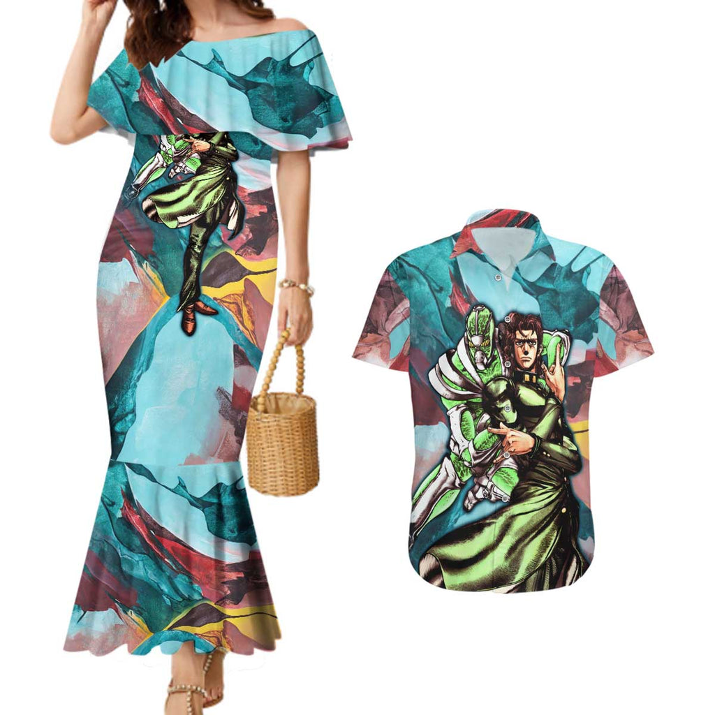 Trippy Kakyoin Hierophant Green Jojo’s Bizarre Adventure Couples Matching Mermaid Dress and Hawaiian Shirt Trippy Mix Anime Style - The Mazicc
