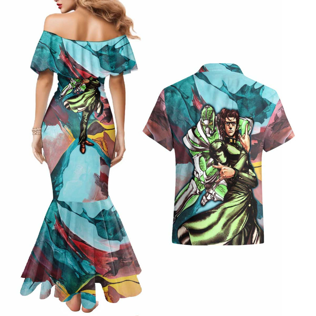 Trippy Kakyoin Hierophant Green Jojo’s Bizarre Adventure Couples Matching Mermaid Dress and Hawaiian Shirt Trippy Mix Anime Style - The Mazicc