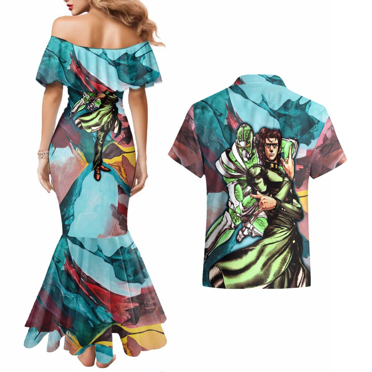 Trippy Kakyoin Hierophant Green Jojo’s Bizarre Adventure Couples Matching Mermaid Dress and Hawaiian Shirt Trippy Mix Anime Style - The Mazicc