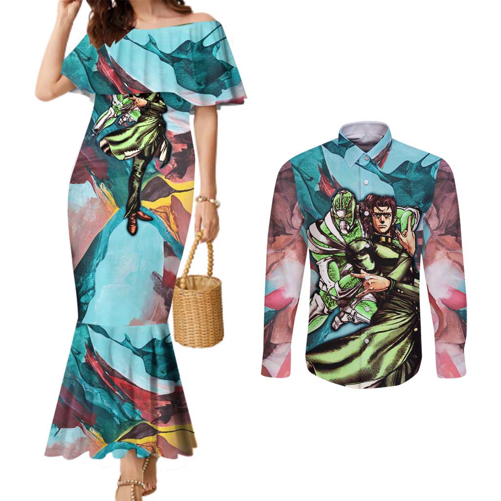 Trippy Kakyoin Hierophant Green Jojo’s Bizarre Adventure Couples Matching Mermaid Dress and Long Sleeve Button Shirt Trippy Mix Anime Style - The Mazicc