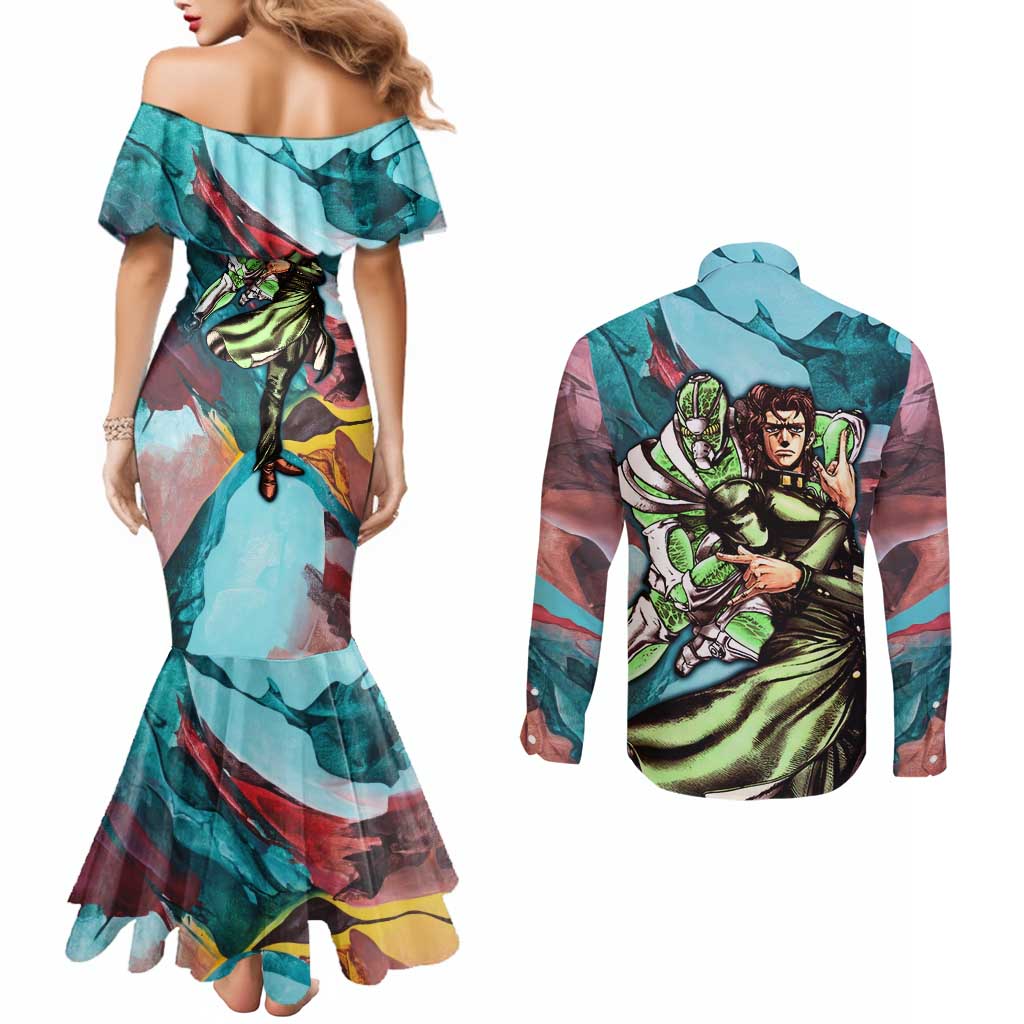 Trippy Kakyoin Hierophant Green Jojo’s Bizarre Adventure Couples Matching Mermaid Dress and Long Sleeve Button Shirt Trippy Mix Anime Style - The Mazicc