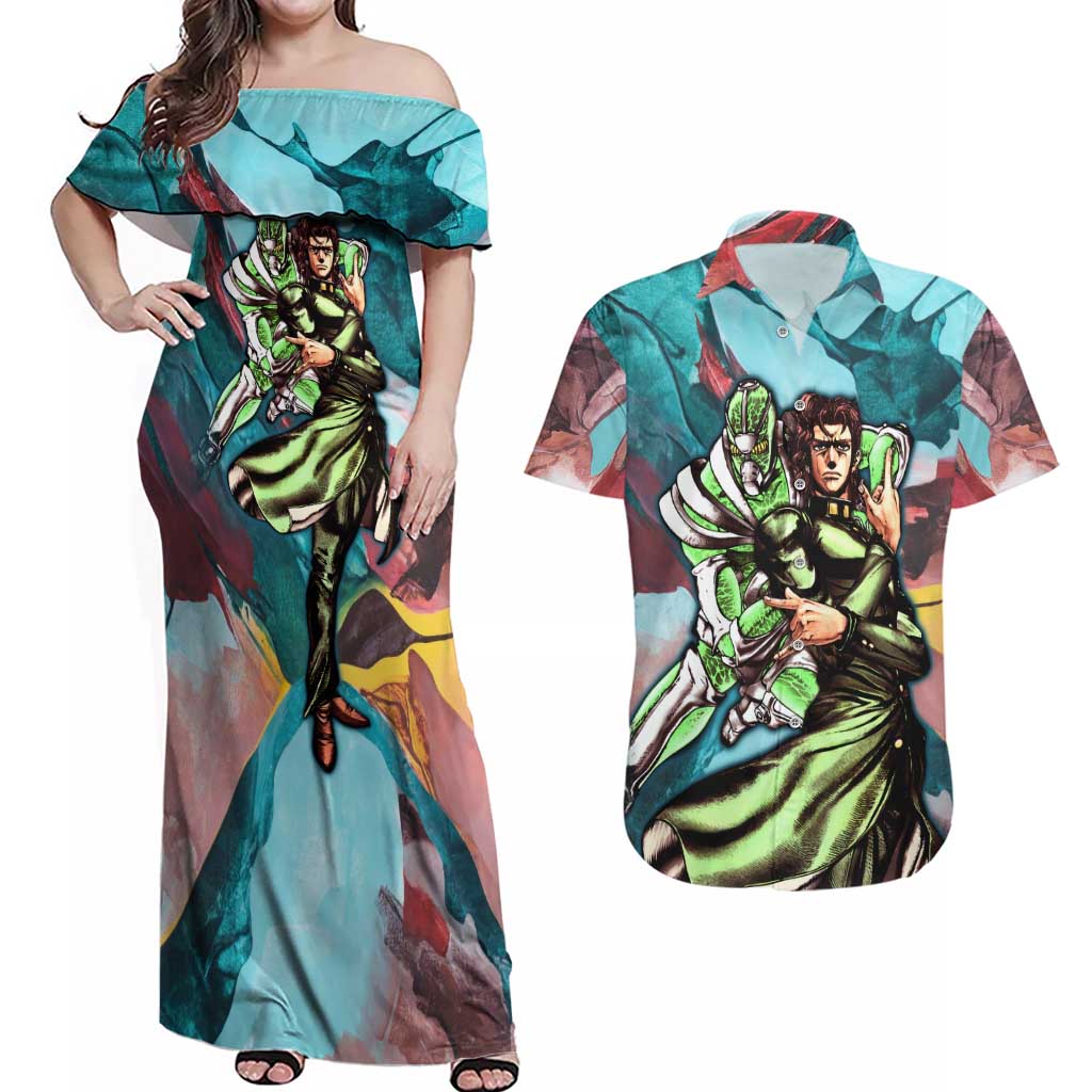 Trippy Kakyoin Hierophant Green Jojo’s Bizarre Adventure Couples Matching Off Shoulder Maxi Dress and Hawaiian Shirt Trippy Mix Anime Style - The Mazicc