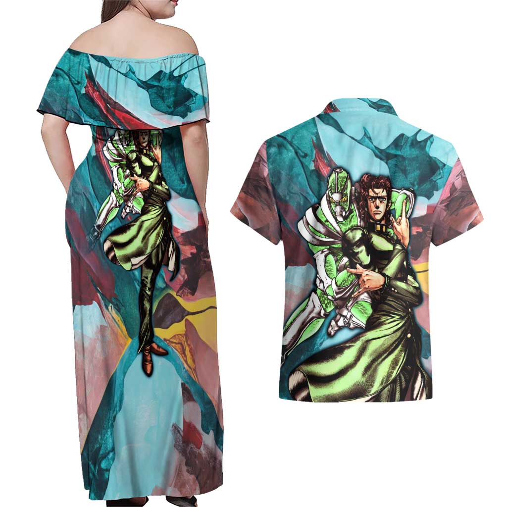 Trippy Kakyoin Hierophant Green Jojo’s Bizarre Adventure Couples Matching Off Shoulder Maxi Dress and Hawaiian Shirt Trippy Mix Anime Style - The Mazicc
