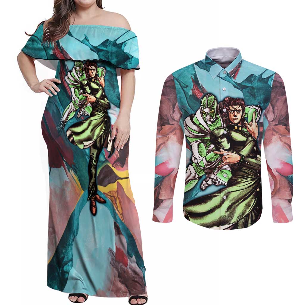Trippy Kakyoin Hierophant Green Jojo’s Bizarre Adventure Couples Matching Off Shoulder Maxi Dress and Long Sleeve Button Shirt Trippy Mix Anime Style - The Mazicc