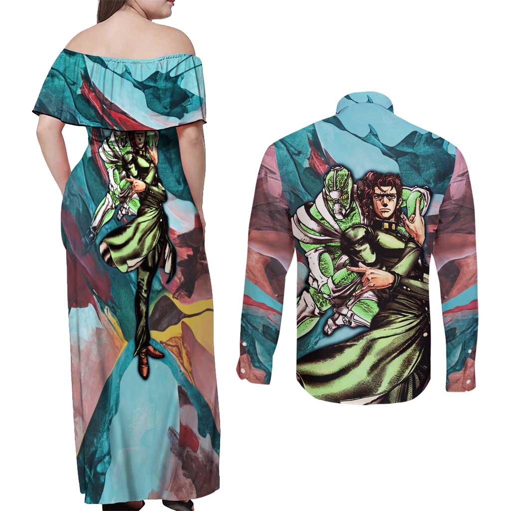 Trippy Kakyoin Hierophant Green Jojo’s Bizarre Adventure Couples Matching Off Shoulder Maxi Dress and Long Sleeve Button Shirt Trippy Mix Anime Style - The Mazicc
