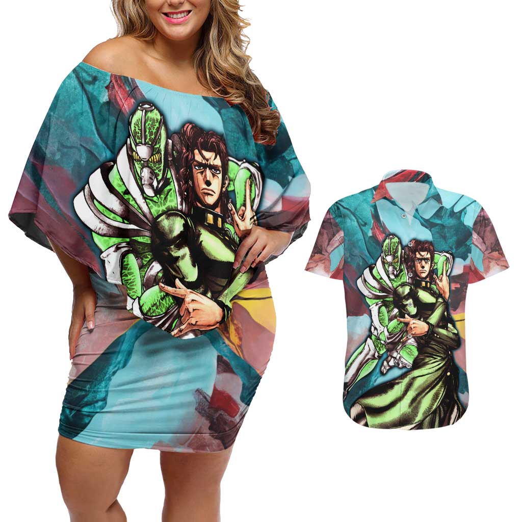 Trippy Kakyoin Hierophant Green Jojo’s Bizarre Adventure Couples Matching Off Shoulder Short Dress and Hawaiian Shirt Trippy Mix Anime Style - The Mazicc