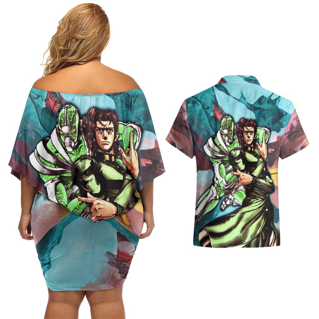Trippy Kakyoin Hierophant Green Jojo’s Bizarre Adventure Couples Matching Off Shoulder Short Dress and Hawaiian Shirt Trippy Mix Anime Style - The Mazicc