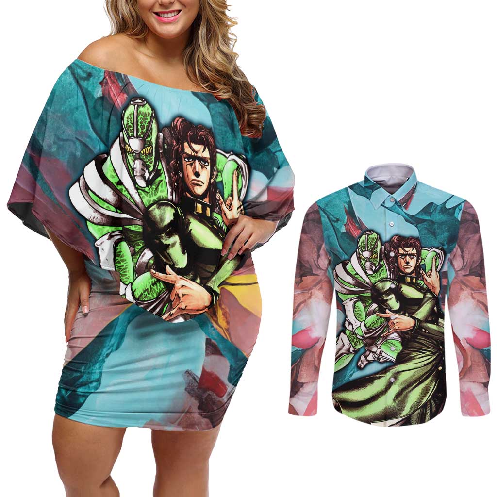 Trippy Kakyoin Hierophant Green Jojo’s Bizarre Adventure Couples Matching Off Shoulder Short Dress and Long Sleeve Button Shirt Trippy Mix Anime Style - The Mazicc