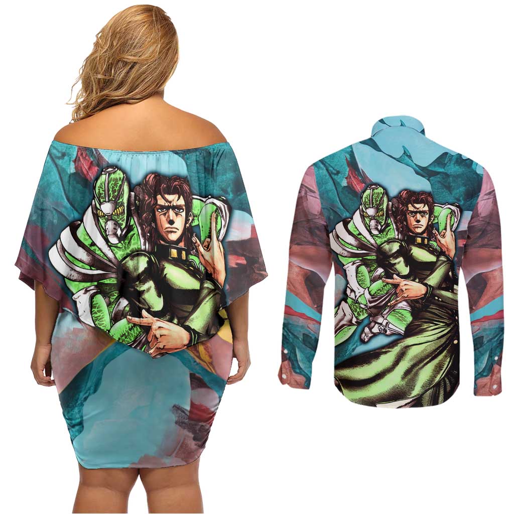 Trippy Kakyoin Hierophant Green Jojo’s Bizarre Adventure Couples Matching Off Shoulder Short Dress and Long Sleeve Button Shirt Trippy Mix Anime Style - The Mazicc