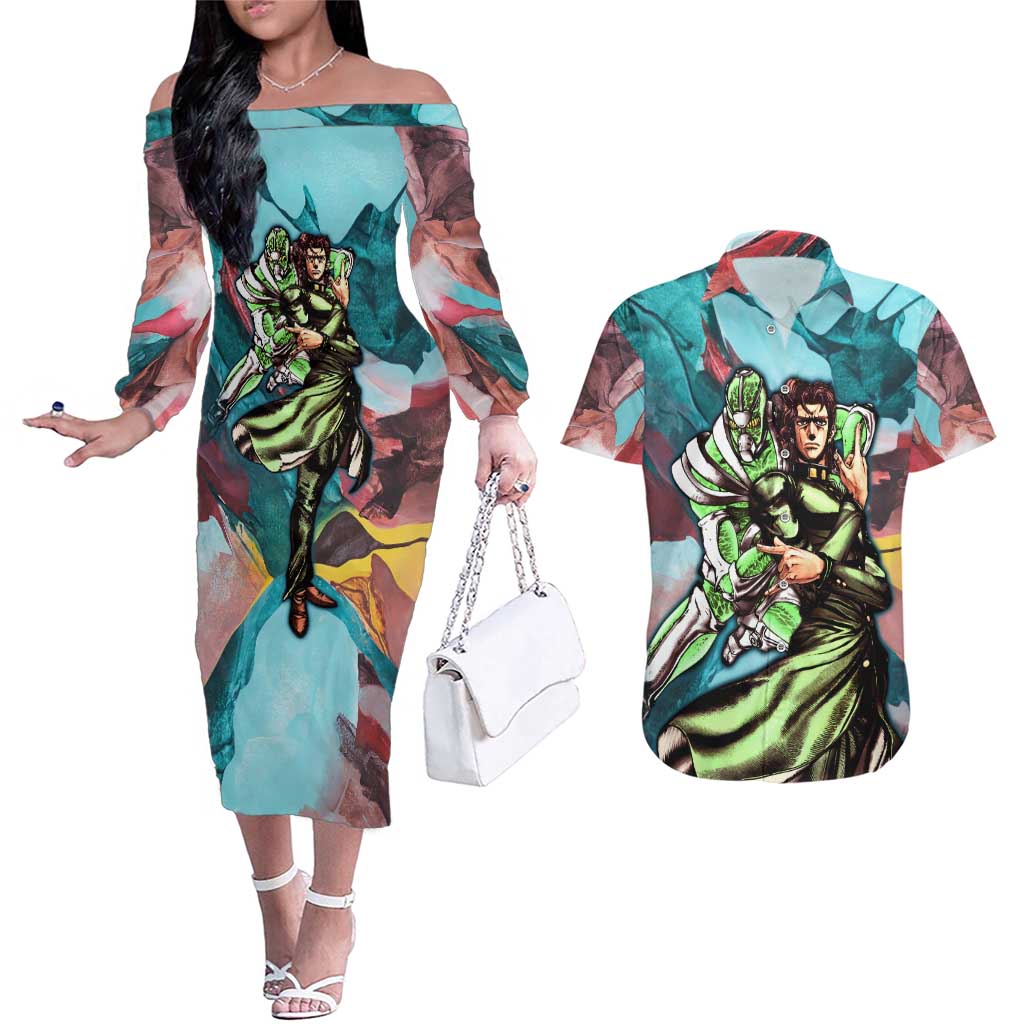 Trippy Kakyoin Hierophant Green Jojo’s Bizarre Adventure Couples Matching Off The Shoulder Long Sleeve Dress and Hawaiian Shirt Trippy Mix Anime Style - The Mazicc