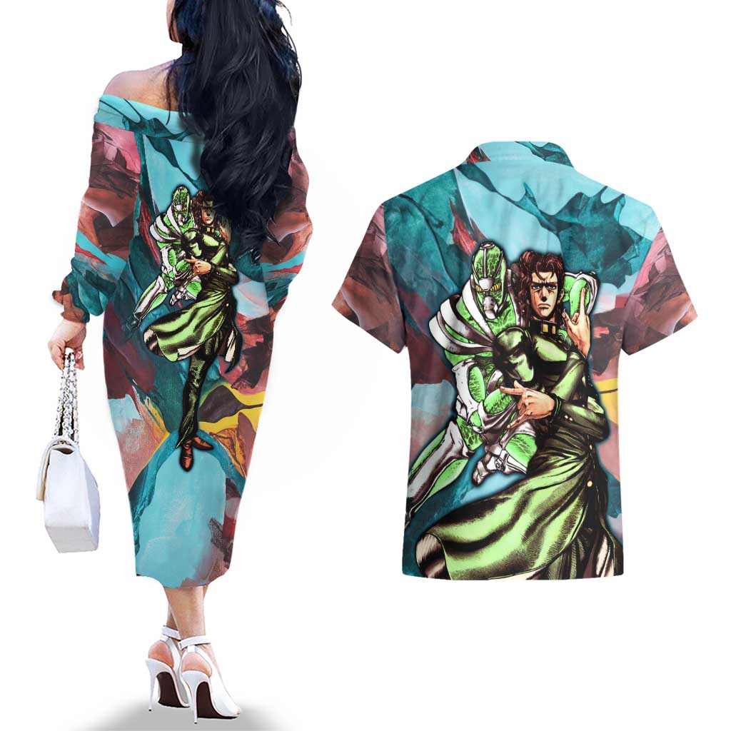 Trippy Kakyoin Hierophant Green Jojo’s Bizarre Adventure Couples Matching Off The Shoulder Long Sleeve Dress and Hawaiian Shirt Trippy Mix Anime Style - The Mazicc