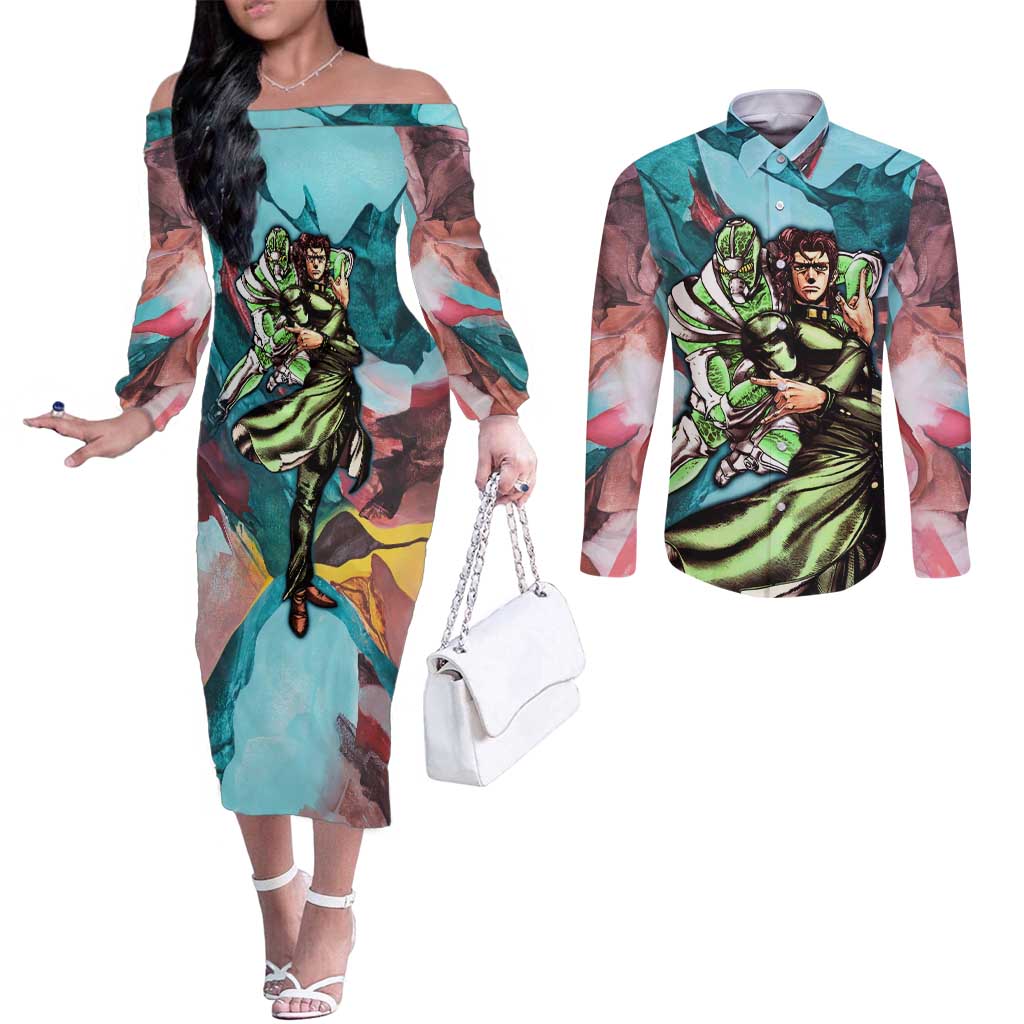 Trippy Kakyoin Hierophant Green Jojo’s Bizarre Adventure Couples Matching Off The Shoulder Long Sleeve Dress and Long Sleeve Button Shirt Trippy Mix Anime Style - The Mazicc