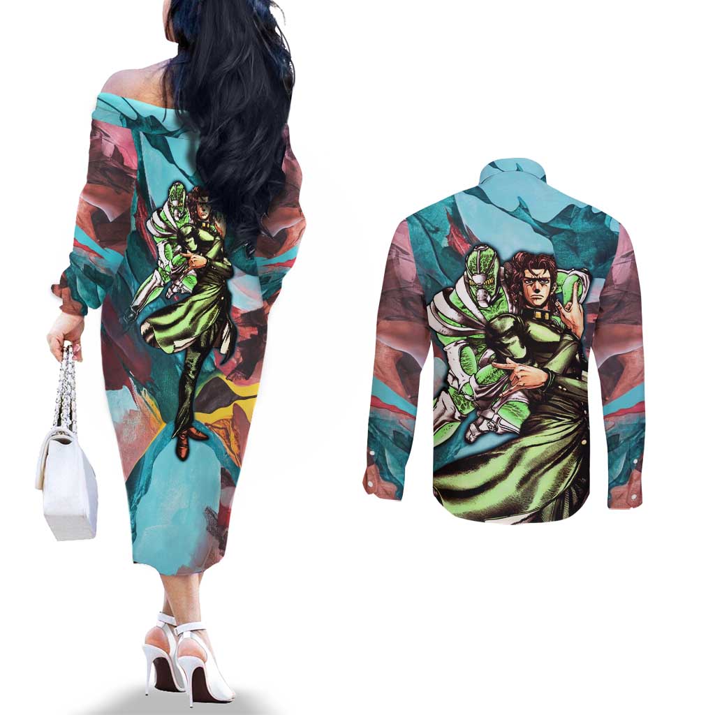 Trippy Kakyoin Hierophant Green Jojo’s Bizarre Adventure Couples Matching Off The Shoulder Long Sleeve Dress and Long Sleeve Button Shirt Trippy Mix Anime Style - The Mazicc